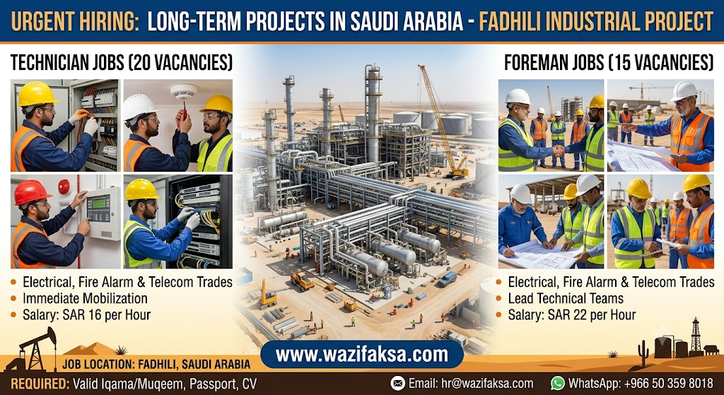 Electrical, Fire Alarm & Telecom Technician and Foreman Jobs in Fadhili, Saudi Arabia