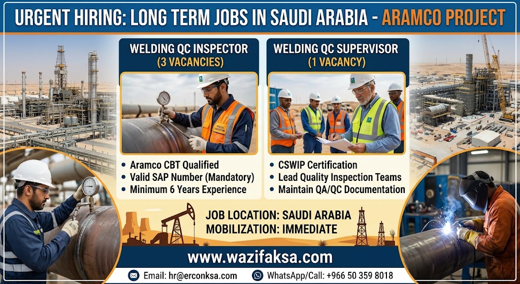 Welding QC Inspector and Supervisor Jobs in Saudi Arabia | Aramco Project 2026